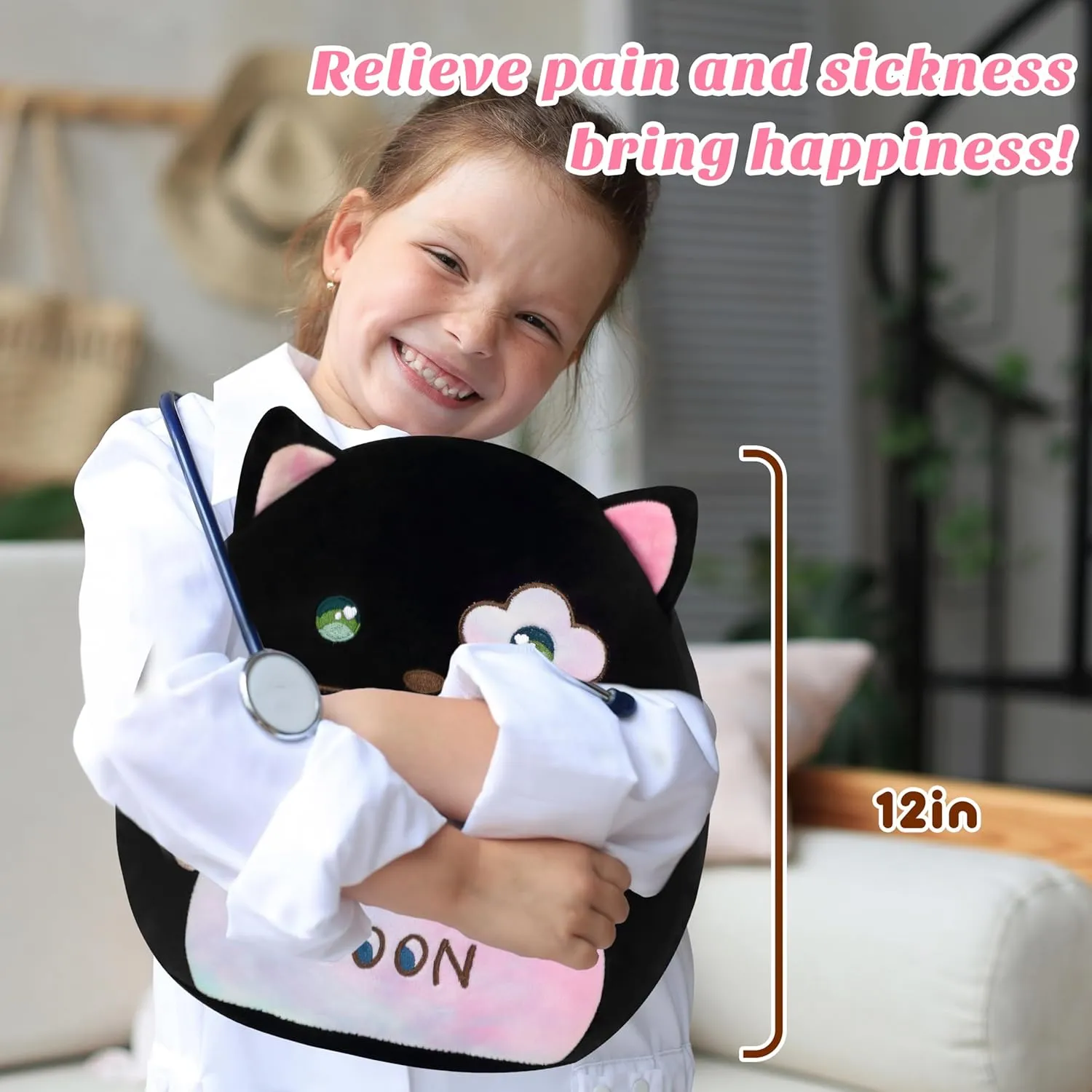 Easfan Get Well Soon Stuffed Cat Plush Pillow, Cozy Black Kitty Snuggle Soft Toy with Rainbow Belly, Gifts or Patients Girls Boys Women Men After Surgery, 12"