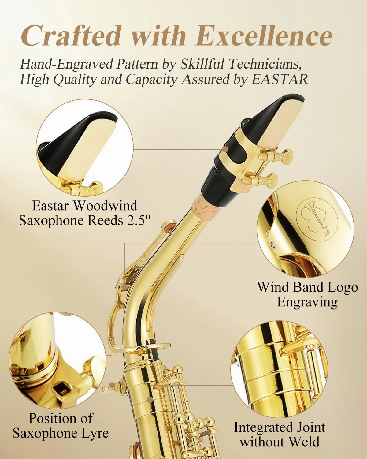 Eastar Professional Alto Saxophone Eb Gold Kit - With Cleaning Cloth, Carrying Case, Mouthpiece, Neck Strap, Reeds and Stand