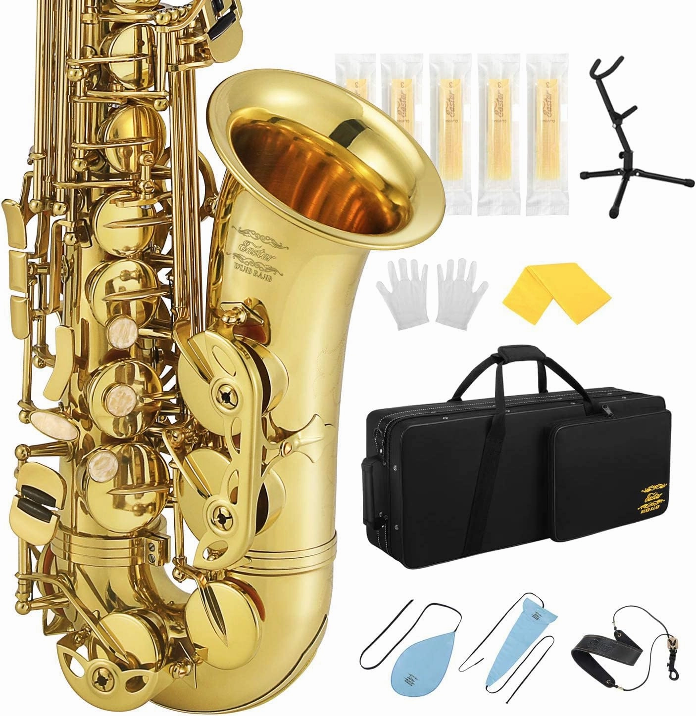 Eastar Professional Alto Saxophone Eb Gold Kit - With Cleaning Cloth, Carrying Case, Mouthpiece, Neck Strap, Reeds and Stand