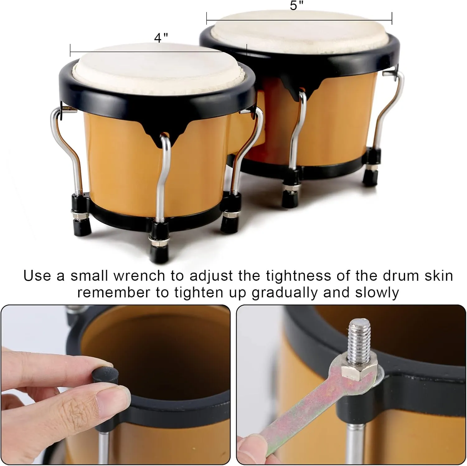 EastRock Bongo Drum 4” and 5” Set for Kids Adults Beginners,Percussion Bongos Drum With Tuning Wrench (Brown)