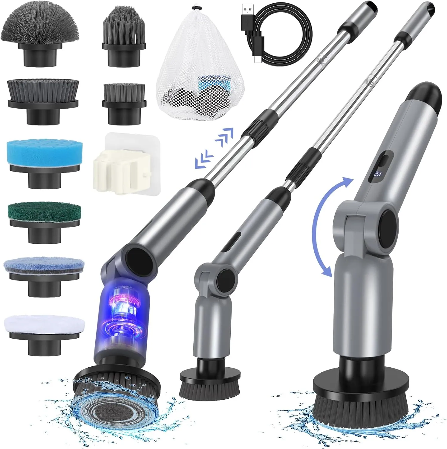 Electric Spin Scrubber, [IPX7 Waterproof ] [50KG Torque] Shower Scrubber with 9 Brush Heads, 2 Speed Mode, 4 Adjustable Angles, Electric Brush for Cleaning for Bathroom Floor Tile (Gray)