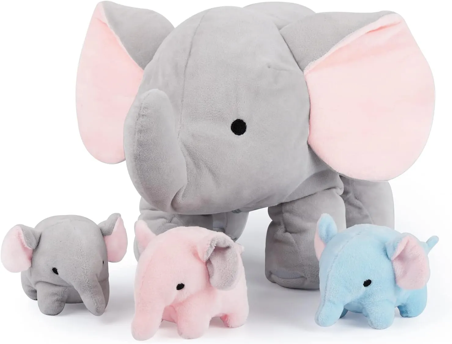 Elephant Stuffed Animals for Girls Boys Birthday Playmate Gifts- 4 in 1 Plush Toy Mommy Elephant PlaySet with 3 Babies Doll Surprise Toys, 14 inches