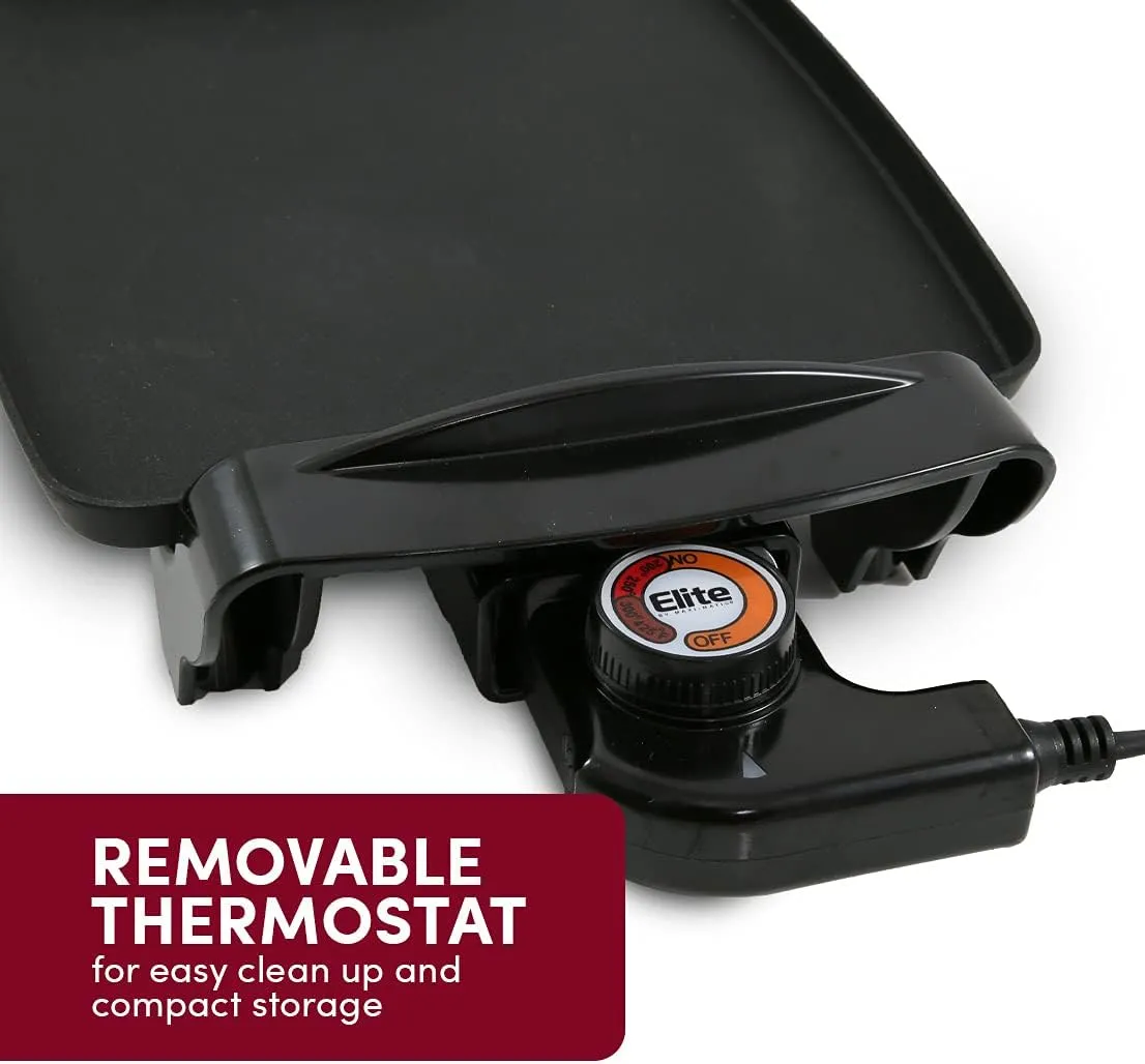 Elite Gourmet EGR-2722B Electric 10.5" x 8.5" Griddle, Cool-touch Handles Non-Stick Surface, Removable/Adjustable Thermostat, Skid Free-Rubber Feet, Black
