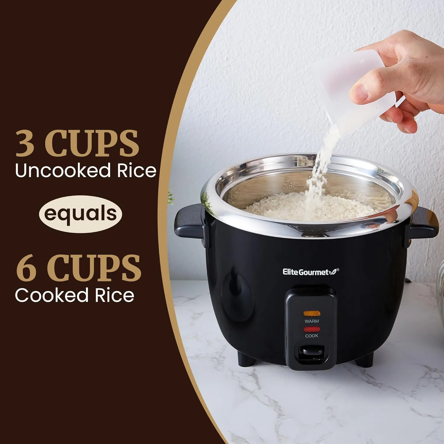 Elite Gourmet ERC006SS 6-Cup Electric Rice Cooker with 304 Surgical Grade Stainless Steel Inner Pot, Makes Soups, Stews, Porridges, Grains and Cereals, 6 cup (3 cups uncooked), Black