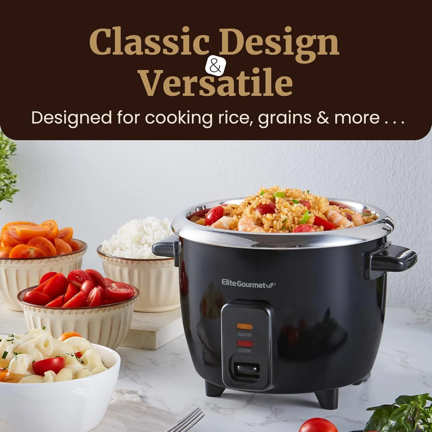 Elite Gourmet ERC006SS 6-Cup Electric Rice Cooker with 304 Surgical Grade Stainless Steel Inner Pot, Makes Soups, Stews, Porridges, Grains and Cereals, 6 cup (3 cups uncooked), Black