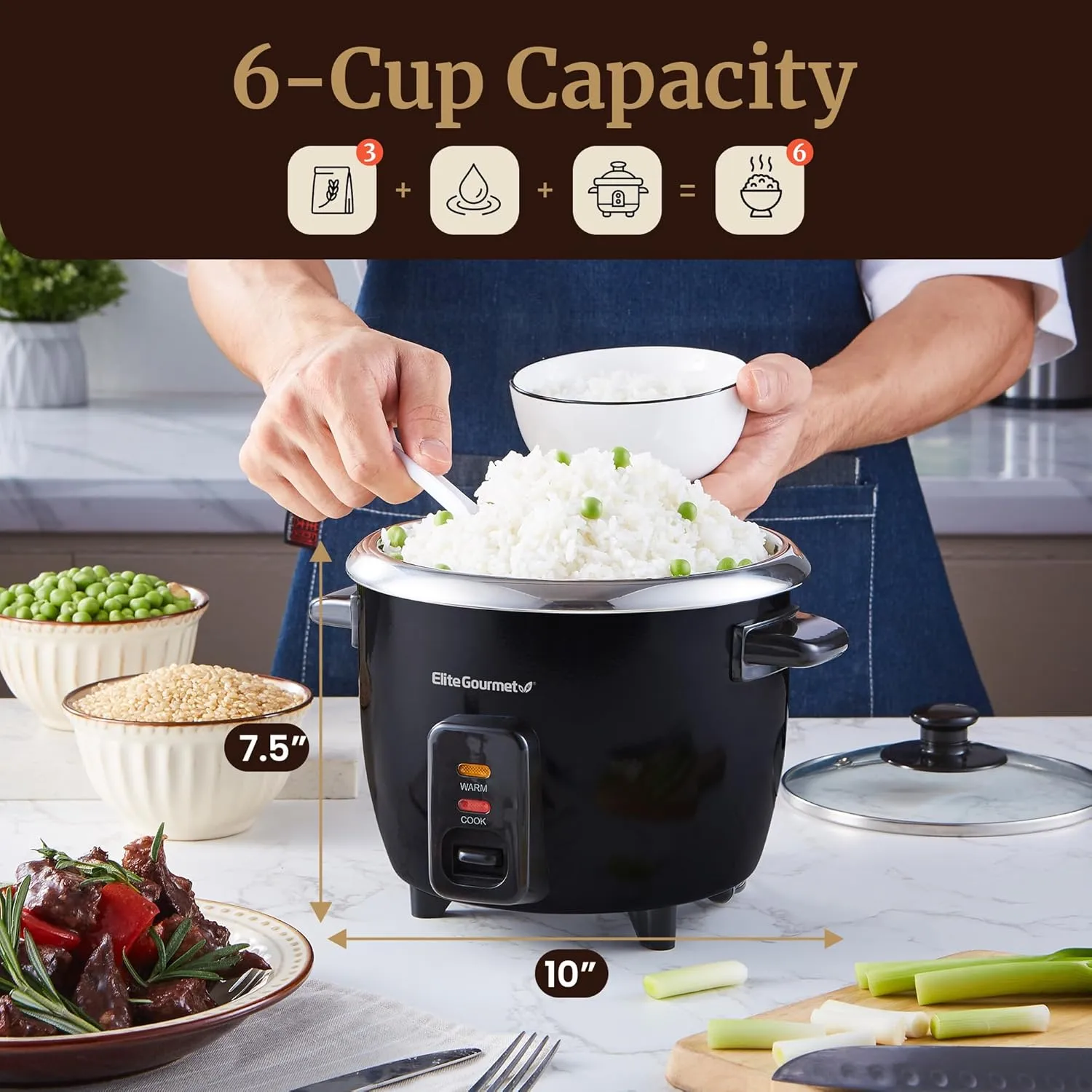 Elite Gourmet ERC006SS 6-Cup Electric Rice Cooker with 304 Surgical Grade Stainless Steel Inner Pot, Makes Soups, Stews, Porridges, Grains and Cereals, 6 cup (3 cups uncooked), Black