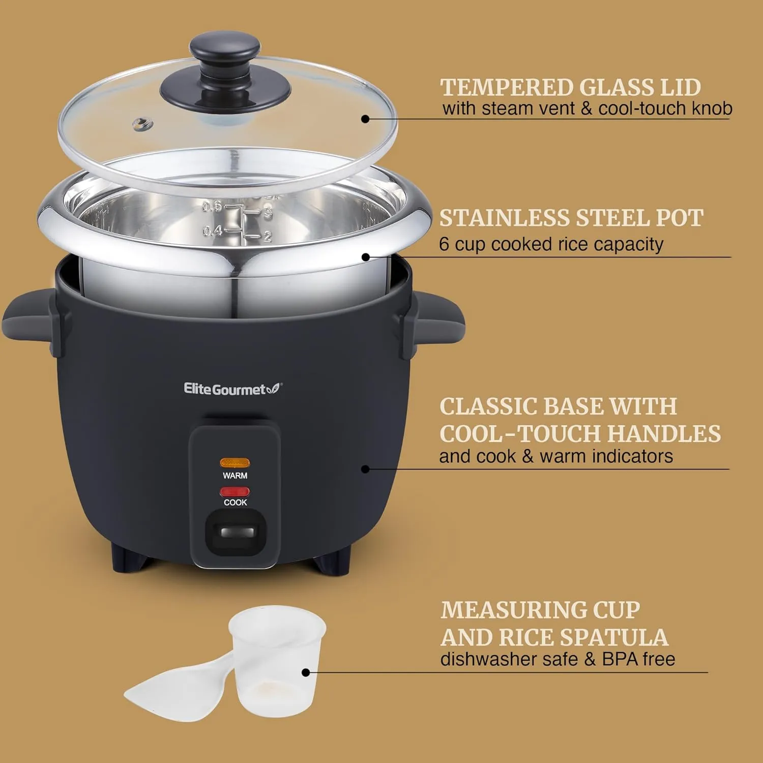 Elite Gourmet ERC006SS 6-Cup Electric Rice Cooker with 304 Surgical Grade Stainless Steel Inner Pot, Makes Soups, Stews, Porridges, Grains and Cereals, 6 cup (3 cups uncooked), Black