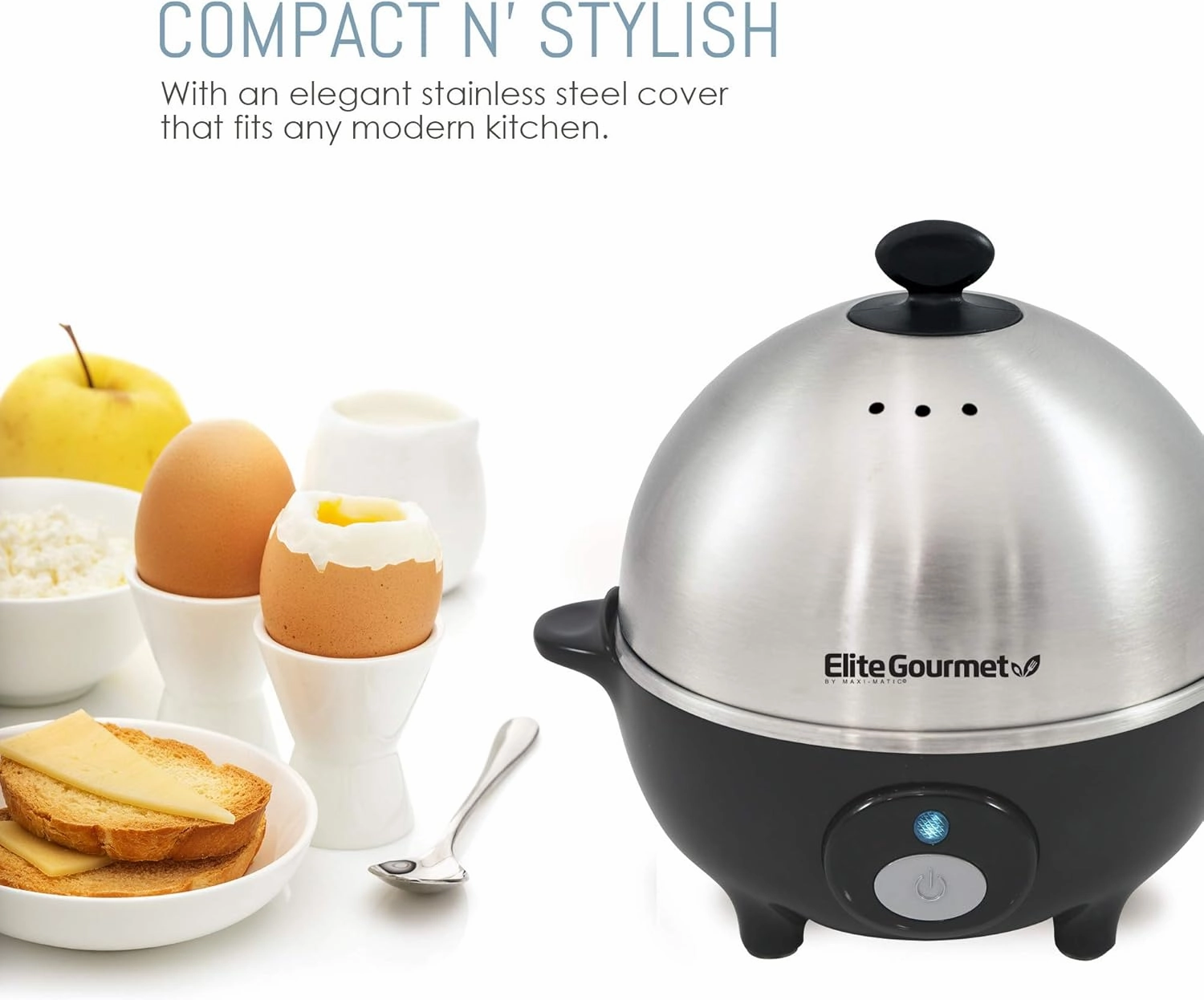 Elite Gourmet EGC-508 Rapid Egg Cooker, 7 Easy-To-Peel, Hard, Medium, Soft Boiled Eggs, Poacher, Omelet Maker, Auto Shut-Off, Alarm, 16-Recipe Booklet, Stainless Steel
