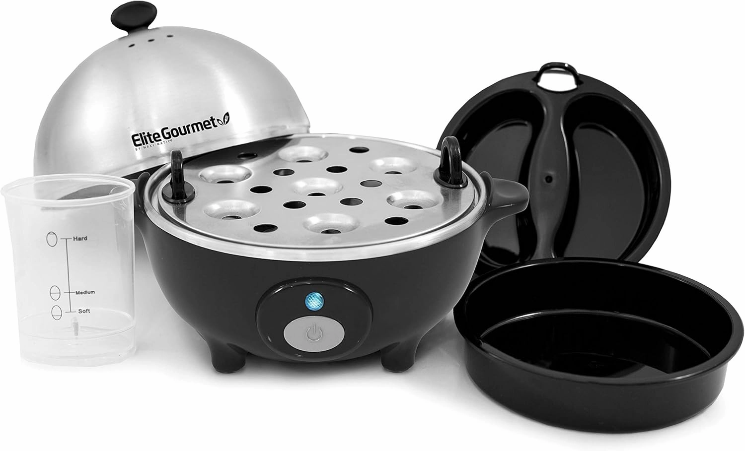 Elite Gourmet EGC-508 Rapid Egg Cooker, 7 Easy-To-Peel, Hard, Medium, Soft Boiled Eggs, Poacher, Omelet Maker, Auto Shut-Off, Alarm, 16-Recipe Booklet, Stainless Steel
