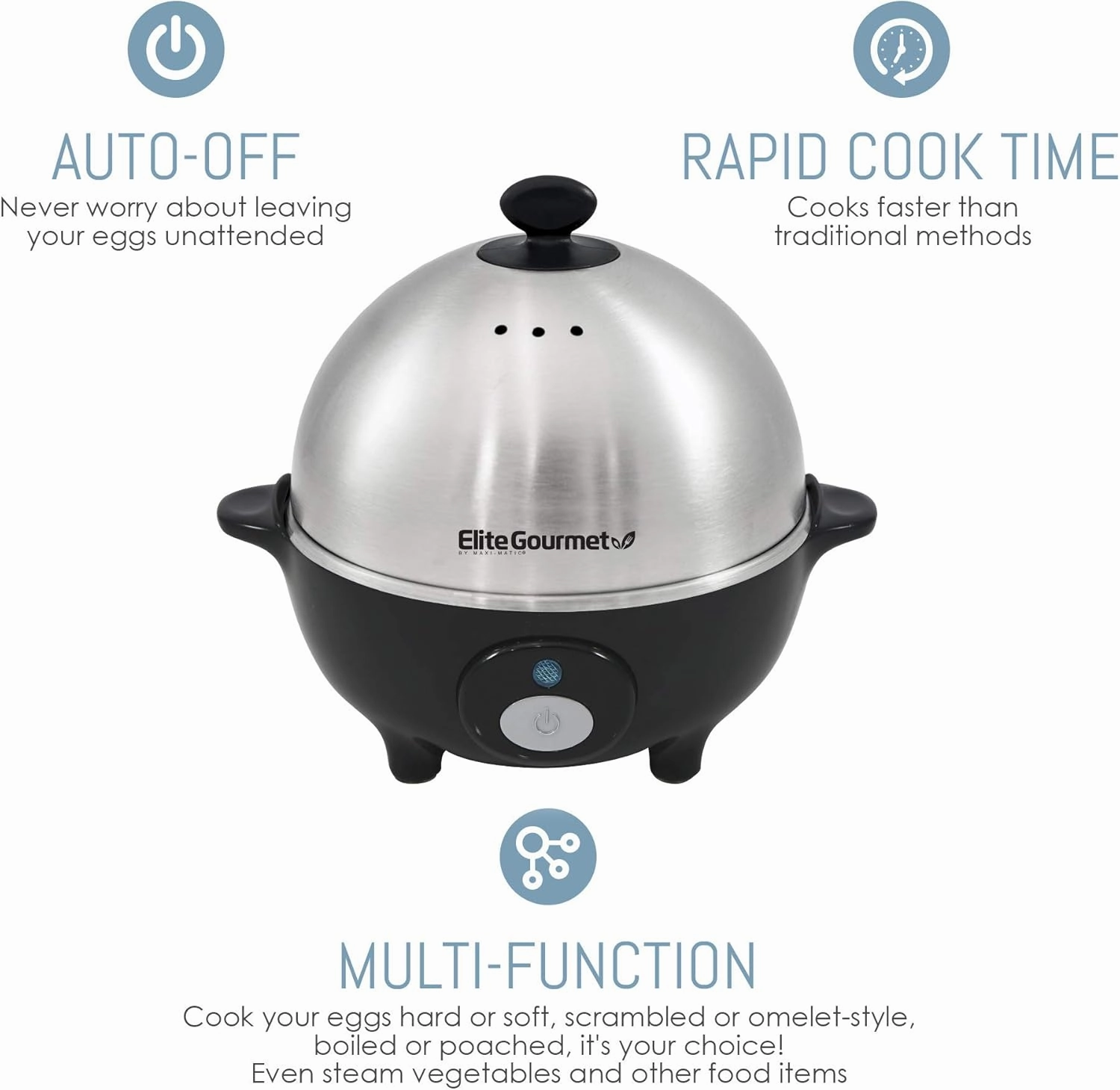 Elite Gourmet EGC-508 Rapid Egg Cooker, 7 Easy-To-Peel, Hard, Medium, Soft Boiled Eggs, Poacher, Omelet Maker, Auto Shut-Off, Alarm, 16-Recipe Booklet, Stainless Steel