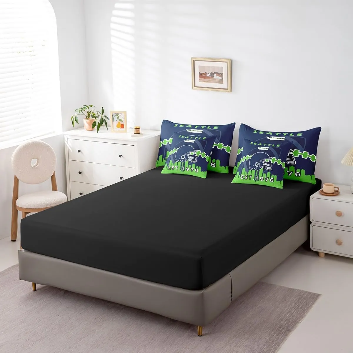 Erosebridal 7 Pcs Comforter Set King Size,Kids Football Bed in a Bag with Flat Sheet and Fitted Sheet for Kids and Adults,Sports Bedding Set with Pillowcases and Cushion Cases(Seattle)