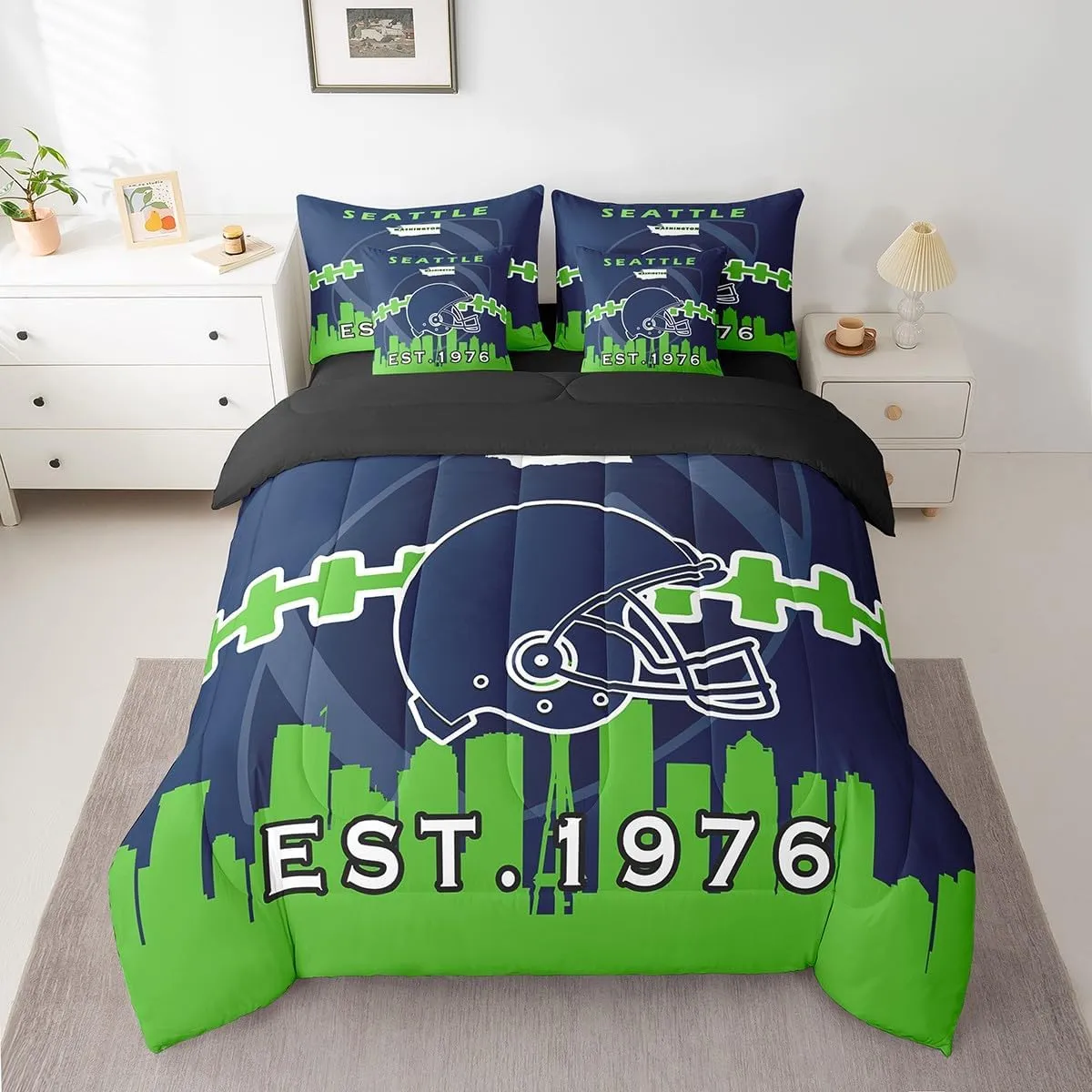 Erosebridal 7 Pcs Comforter Set King Size,Kids Football Bed in a Bag with Flat Sheet and Fitted Sheet for Kids and Adults,Sports Bedding Set with Pillowcases and Cushion Cases(Seattle)