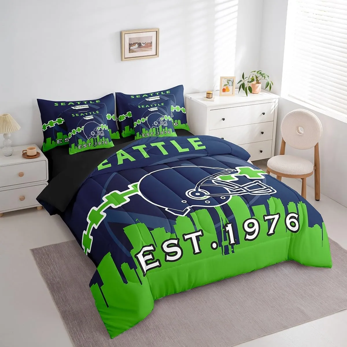 Erosebridal 7 Pcs Comforter Set King Size,Kids Football Bed in a Bag with Flat Sheet and Fitted Sheet for Kids and Adults,Sports Bedding Set with Pillowcases and Cushion Cases(Seattle)