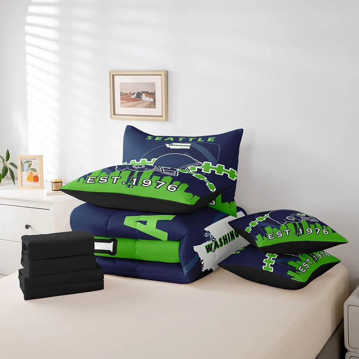 Erosebridal 7 Pcs Comforter Set King Size,Kids Football Bed in a Bag with Flat Sheet and Fitted Sheet for Kids and Adults,Sports Bedding Set with Pillowcases and Cushion Cases(Seattle)