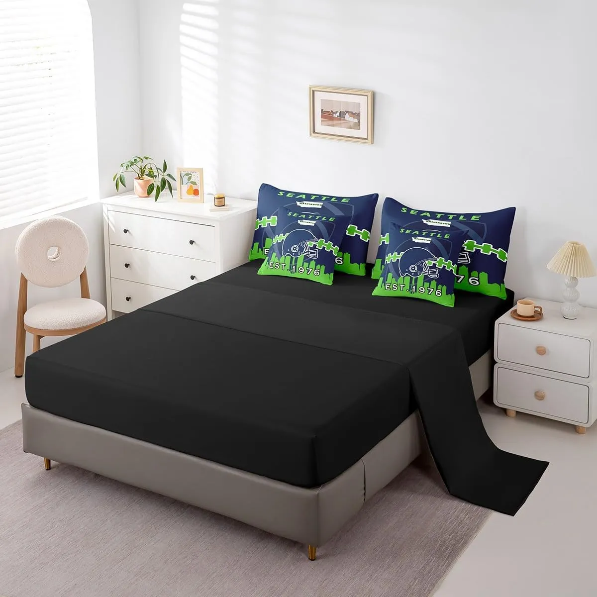 Erosebridal 7 Pcs Comforter Set King Size,Kids Football Bed in a Bag with Flat Sheet and Fitted Sheet for Kids and Adults,Sports Bedding Set with Pillowcases and Cushion Cases(Seattle)