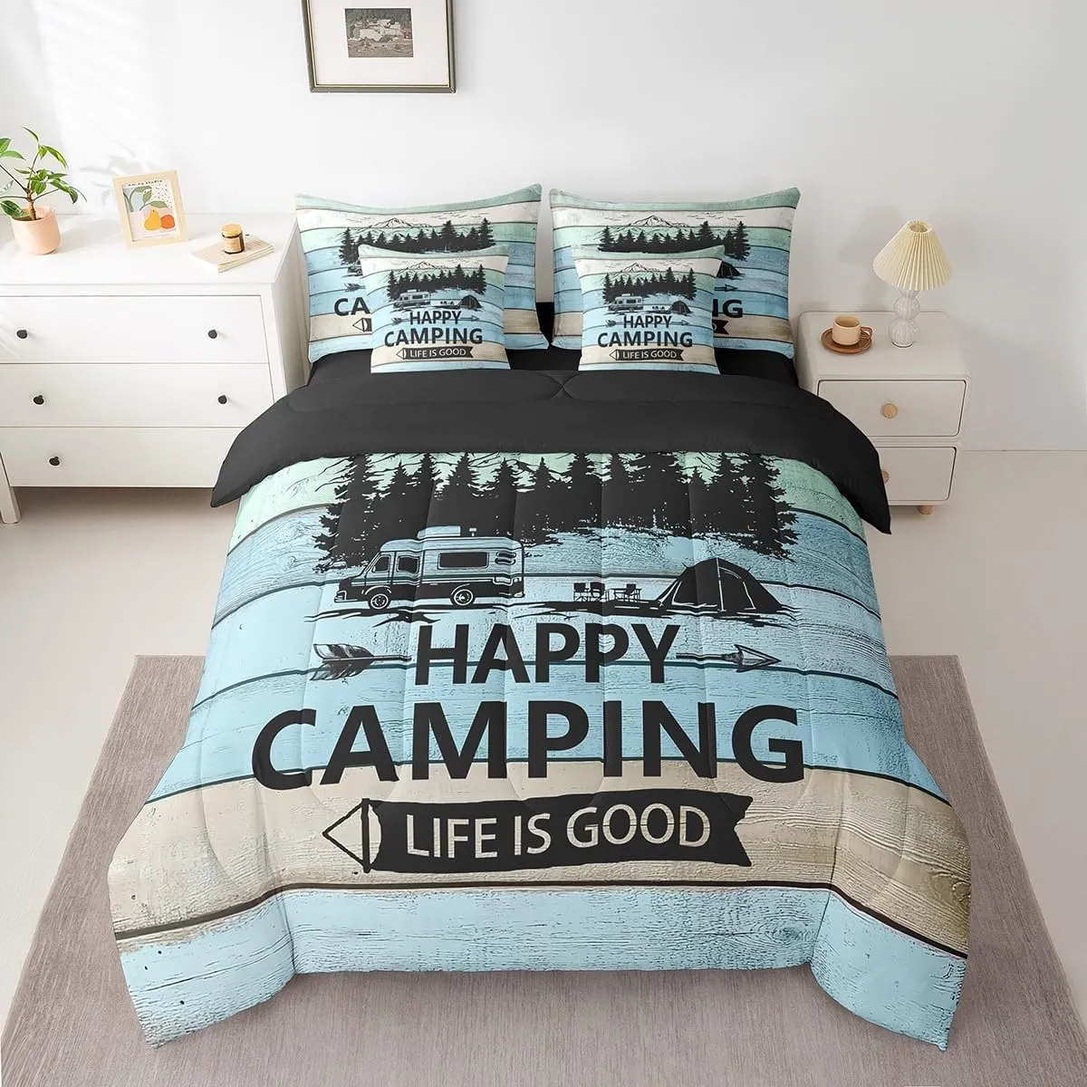 Erosebridal Camper Full Comforter Set 7 Piece Rustic Farmhouse Bedding Set for Kids Adults Happy Camping Bed in A Bag with Sheets Rv Accessories for Travel Trailers Bunks Bed Set Blue Green