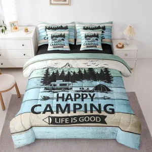 Erosebridal Camper Full Comforter Set 7 Piece Rustic Farmhouse Bedding Set for Kids Adults Happy Camping Bed in A Bag with Sheets Rv Accessories for Travel Trailers Bunks Bed Set Blue Green