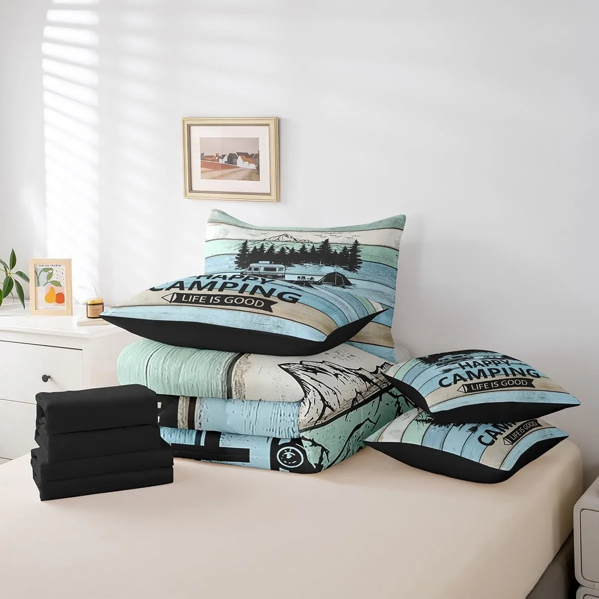 Erosebridal Camper Full Comforter Set 7 Piece Rustic Farmhouse Bedding Set for Kids Adults Happy Camping Bed in A Bag with Sheets Rv Accessories for Travel Trailers Bunks Bed Set Blue Green