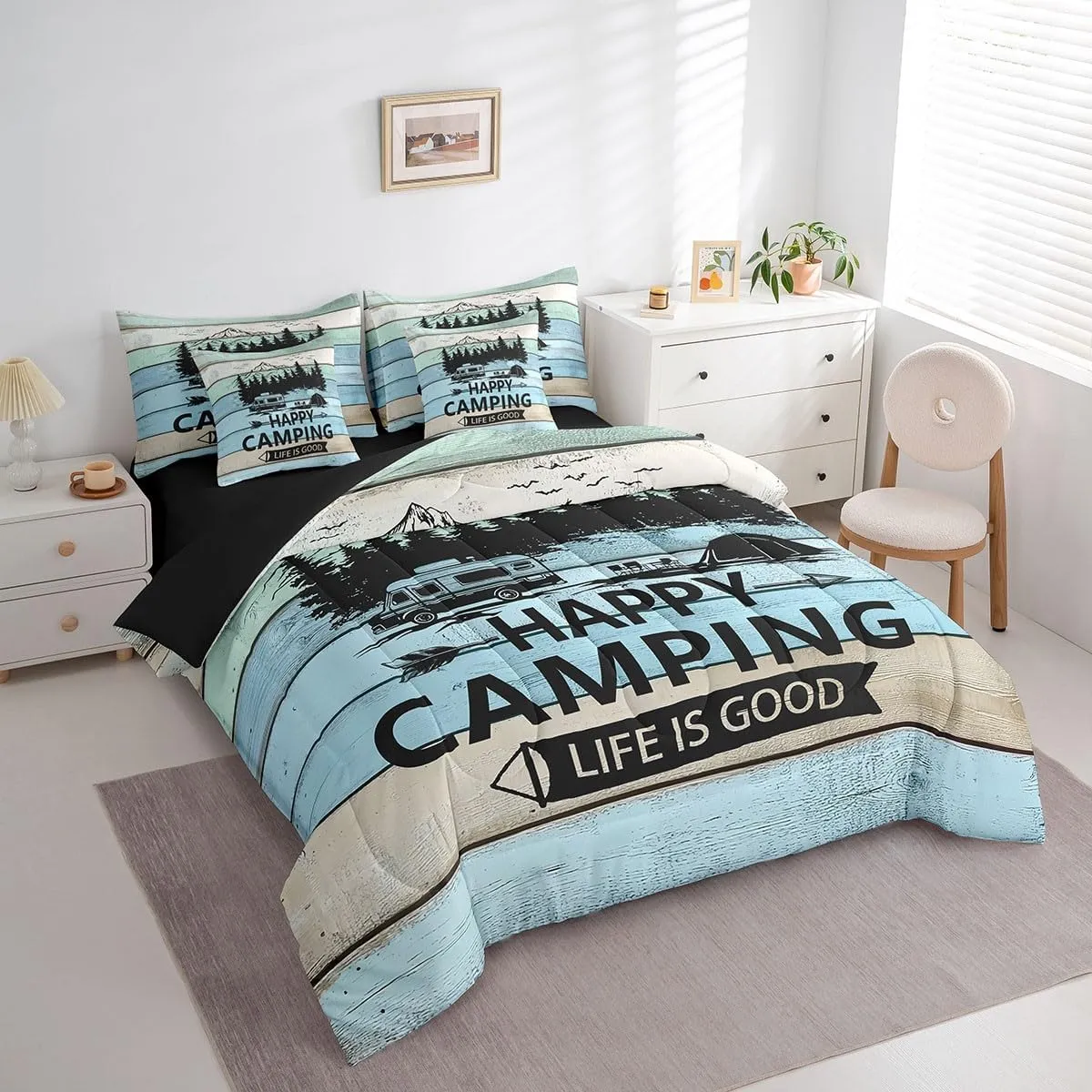 Erosebridal Camper Full Comforter Set 7 Piece Rustic Farmhouse Bedding Set for Kids Adults Happy Camping Bed in A Bag with Sheets Rv Accessories for Travel Trailers Bunks Bed Set Blue Green