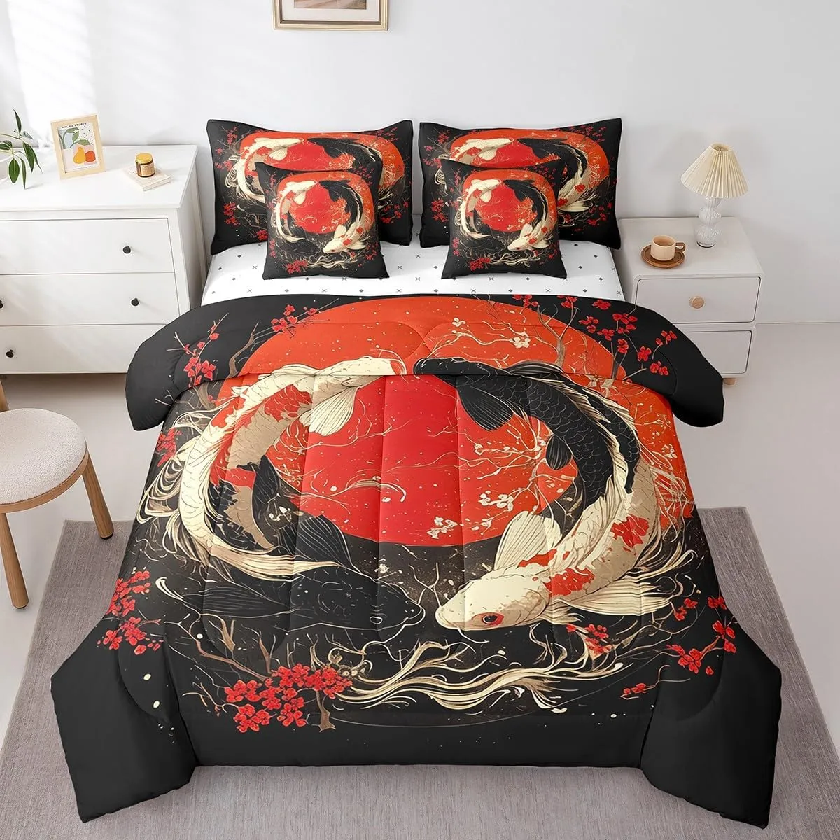 Erosebridal Japanese Bedding Set Queen Size Gossip Koi Couple Fish Bed in A Bag with Sheets for Kids Boys Girls Teen Black Red Cherry Blossom Comforter Set 7 Piece Chinese Taiji Bed Set