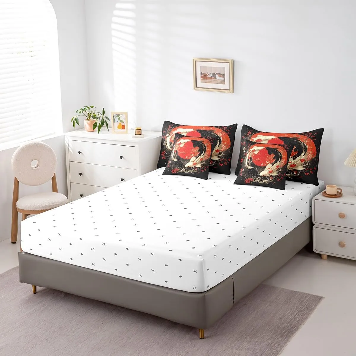 Erosebridal Japanese Bedding Set Queen Size Gossip Koi Couple Fish Bed in A Bag with Sheets for Kids Boys Girls Teen Black Red Cherry Blossom Comforter Set 7 Piece Chinese Taiji Bed Set