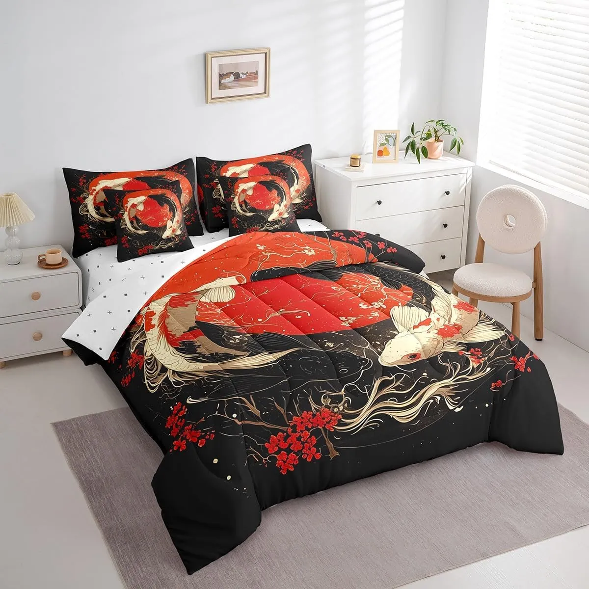 Erosebridal Japanese Bedding Set Queen Size Gossip Koi Couple Fish Bed in A Bag with Sheets for Kids Boys Girls Teen Black Red Cherry Blossom Comforter Set 7 Piece Chinese Taiji Bed Set