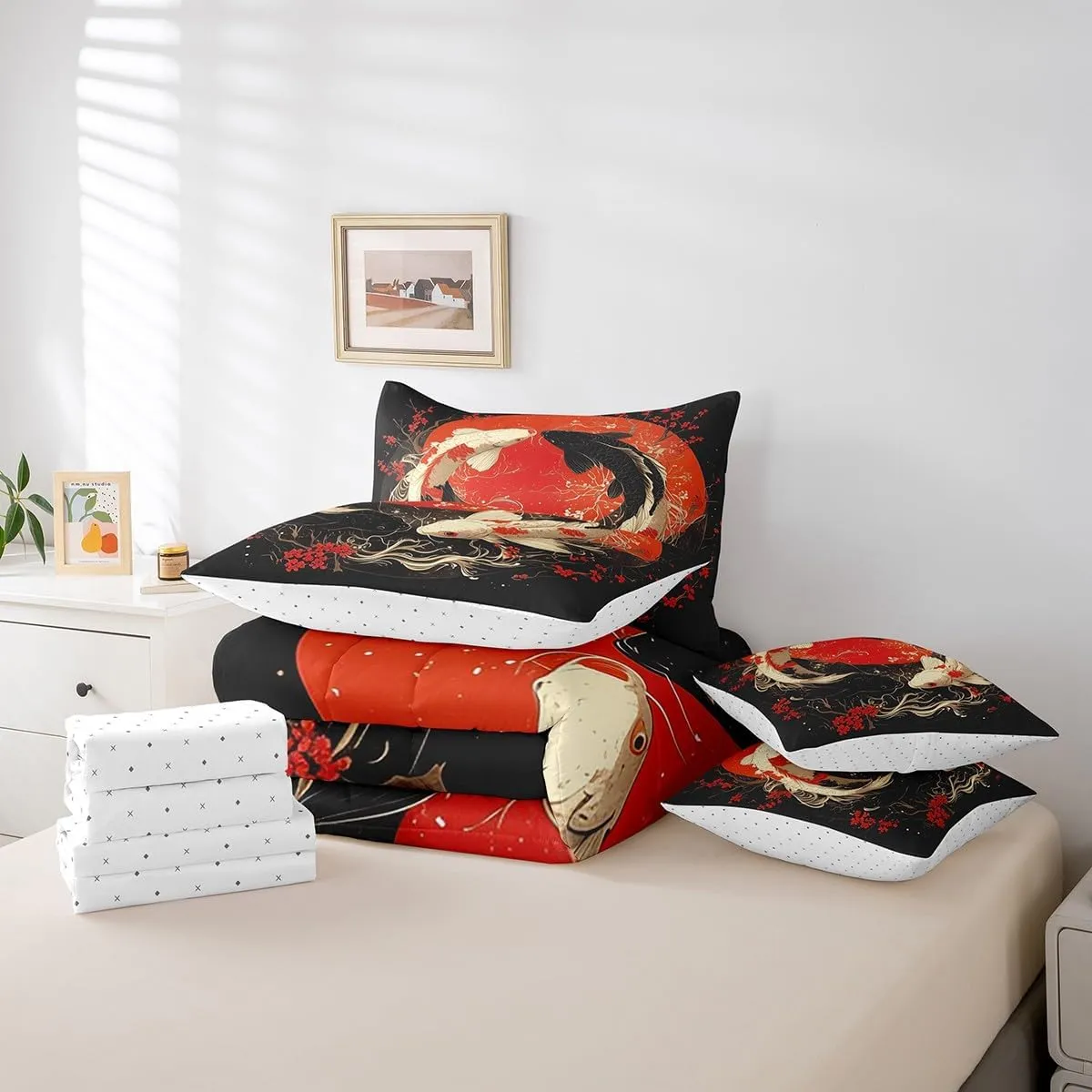 Erosebridal Japanese Bedding Set Queen Size Gossip Koi Couple Fish Bed in A Bag with Sheets for Kids Boys Girls Teen Black Red Cherry Blossom Comforter Set 7 Piece Chinese Taiji Bed Set