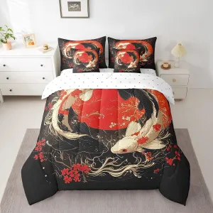 Erosebridal Japanese Bedding Set Queen Size Gossip Koi Couple Fish Bed in A Bag with Sheets for Kids Boys Girls Teen Black Red Cherry Blossom Comforter Set 7 Piece Chinese Taiji Bed Set