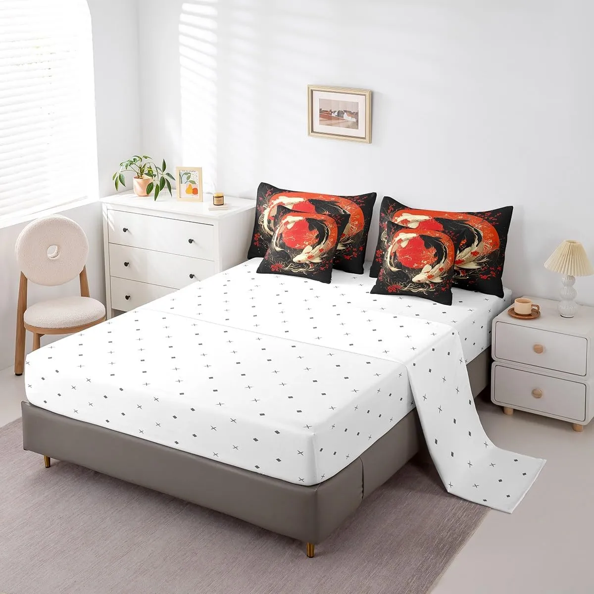 Erosebridal Japanese Bedding Set Queen Size Gossip Koi Couple Fish Bed in A Bag with Sheets for Kids Boys Girls Teen Black Red Cherry Blossom Comforter Set 7 Piece Chinese Taiji Bed Set