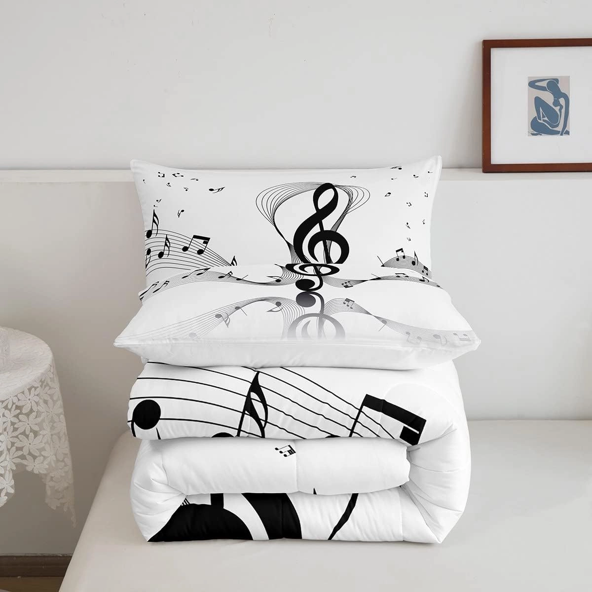 Erosebridal Girls Musical Notes Down Comforter, Kids Musical Staves Pattern Comforter Set Full Size, Music Theme Hip Hop Bedding Set for Boys Teens Women, Modern Simple Quilted Duvet, Black White
