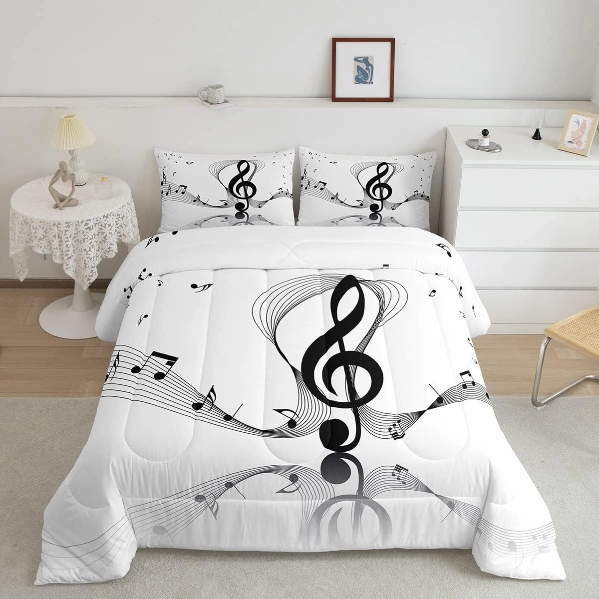 Erosebridal Girls Musical Notes Down Comforter, Kids Musical Staves Pattern Comforter Set Full Size, Music Theme Hip Hop Bedding Set for Boys Teens Women, Modern Simple Quilted Duvet, Black White