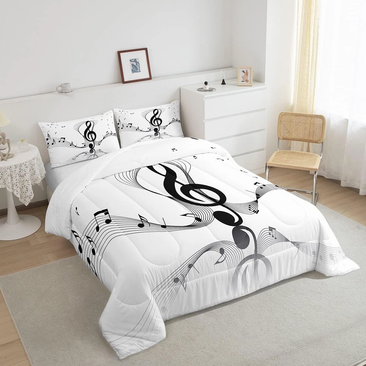 Erosebridal Girls Musical Notes Down Comforter, Kids Musical Staves Pattern Comforter Set Full Size, Music Theme Hip Hop Bedding Set for Boys Teens Women, Modern Simple Quilted Duvet, Black White
