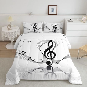 Erosebridal Girls Musical Notes Down Comforter, Kids Musical Staves Pattern Comforter Set Full Size, Music Theme Hip Hop Bedding Set for Boys Teens Women, Modern Simple Quilted Duvet, Black White
