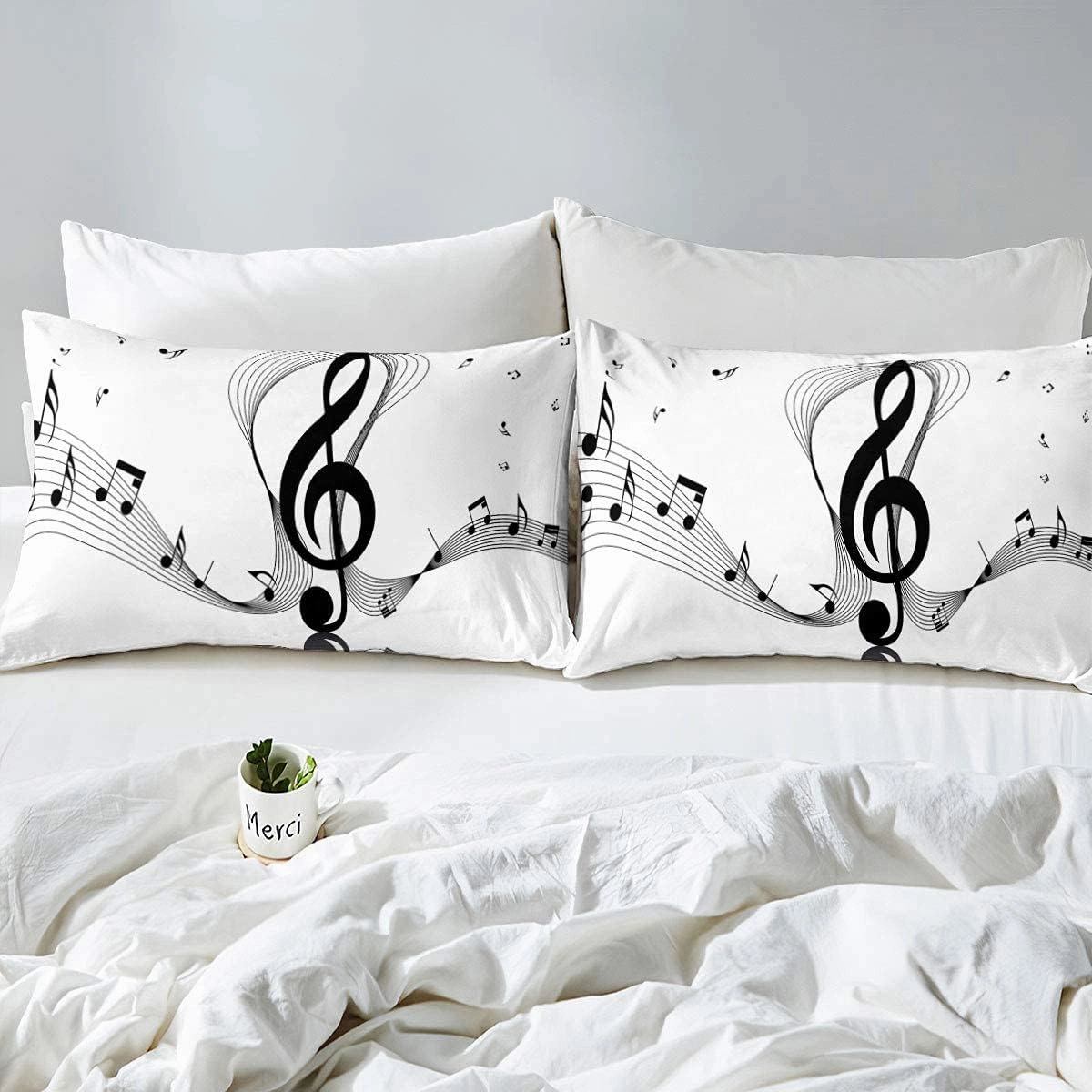 Erosebridal Girls Musical Notes Down Comforter, Kids Musical Staves Pattern Comforter Set Full Size, Music Theme Hip Hop Bedding Set for Boys Teens Women, Modern Simple Quilted Duvet, Black White