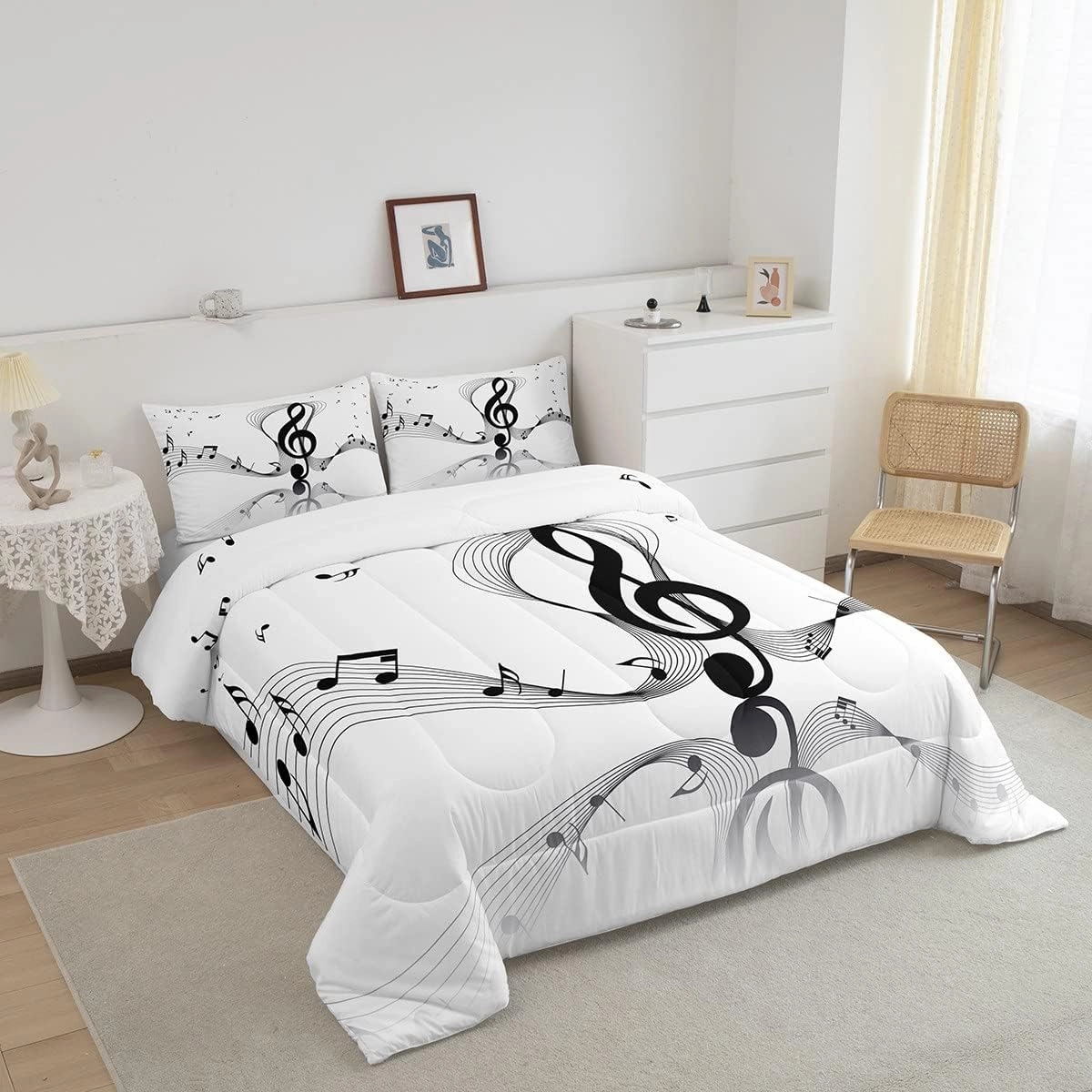 Erosebridal Girls Musical Notes Down Comforter, Kids Musical Staves Pattern Comforter Set Full Size, Music Theme Hip Hop Bedding Set for Boys Teens Women, Modern Simple Quilted Duvet, Black White