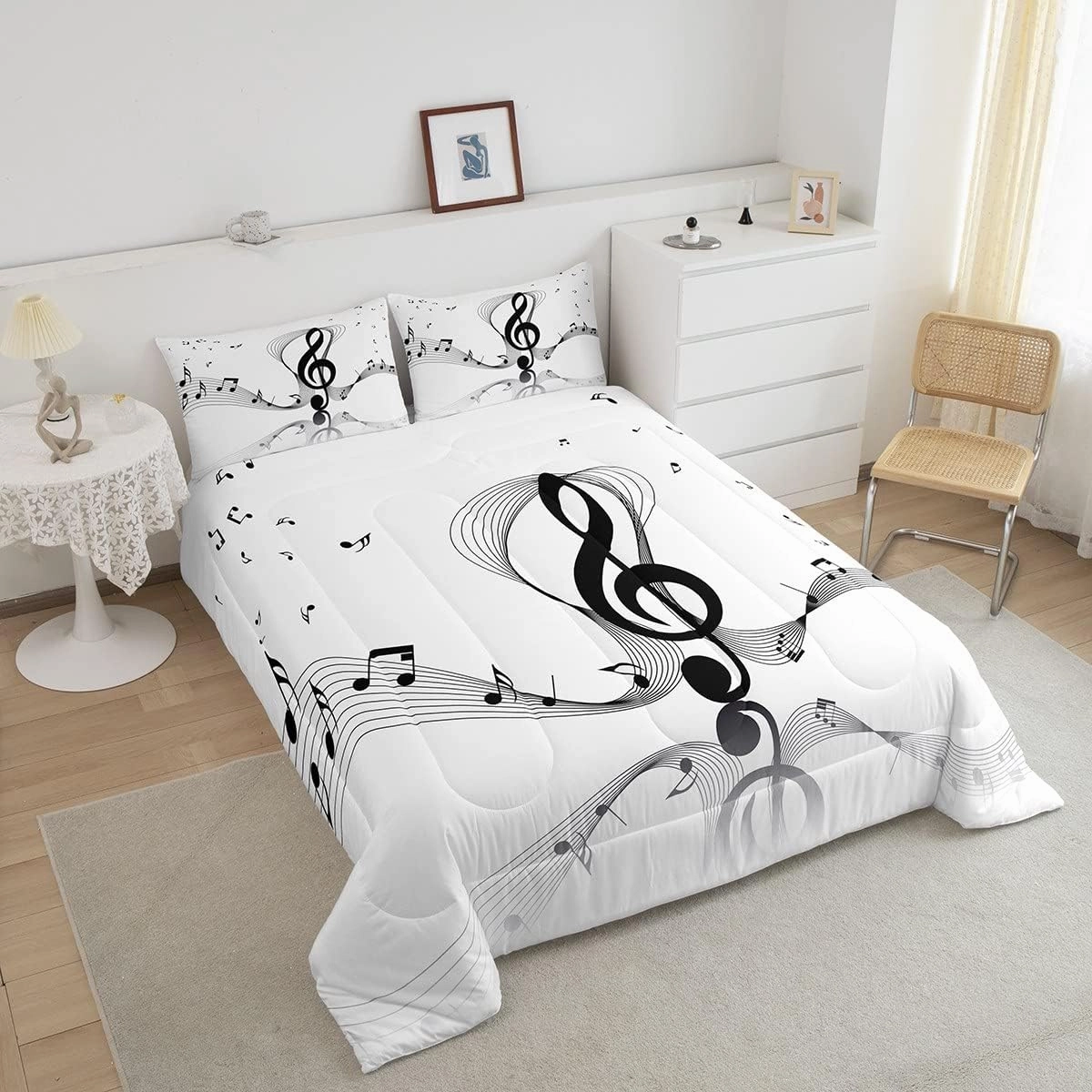 Erosebridal Girls Musical Notes Down Comforter, Kids Musical Staves Pattern Comforter Set Full Size, Music Theme Hip Hop Bedding Set for Boys Teens Women, Modern Simple Quilted Duvet, Black White
