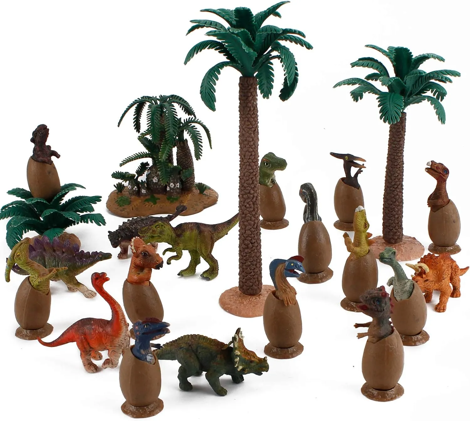 Fantarea Realistic 22 PCS Mini Dinosaur Eggs Animal Figures Model Tree Plant Figurines Party Supplies Cake Toppers Collection Development Set Toy for 5 6 7 8 Years Boys Kid Toddlers