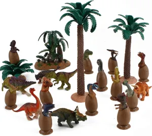 Fantarea Realistic 22 PCS Mini Dinosaur Eggs Animal Figures Model Tree Plant Figurines Party Supplies Cake Toppers Collection Development Set Toy for 5 6 7 8 Years Boys Kid Toddlers