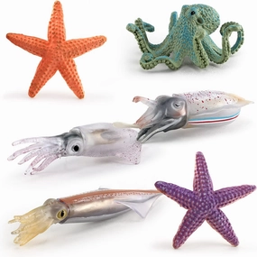 Fantarea Ocean Sea Marine Animal Figures Model Playsets 6 PCS Octopus Squid StarfishFigurine Party Favors Supplies Cake Toppers Decoration Gifts Collection Toys for Kid Boys Girls