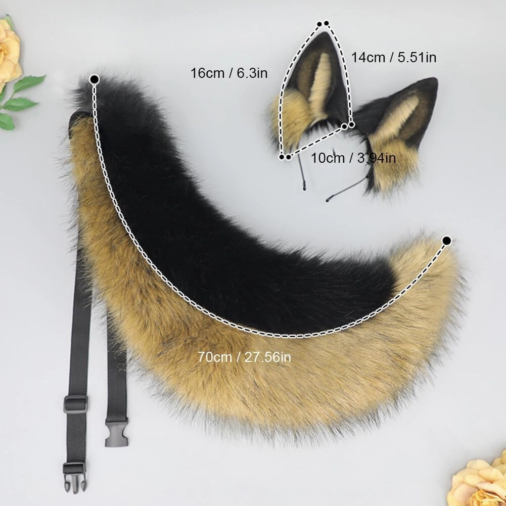 Faux Fox Tail Ears Headwear Set, Artificial Wolf Animal Tail Headbands Headdress Animal Cosplay Costume Accessories