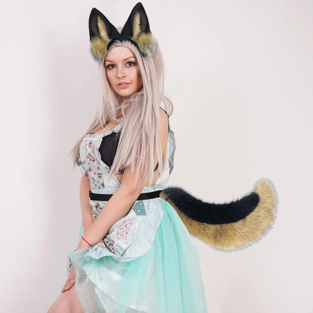 Faux Fox Tail Ears Headwear Set, Artificial Wolf Animal Tail Headbands Headdress Animal Cosplay Costume Accessories