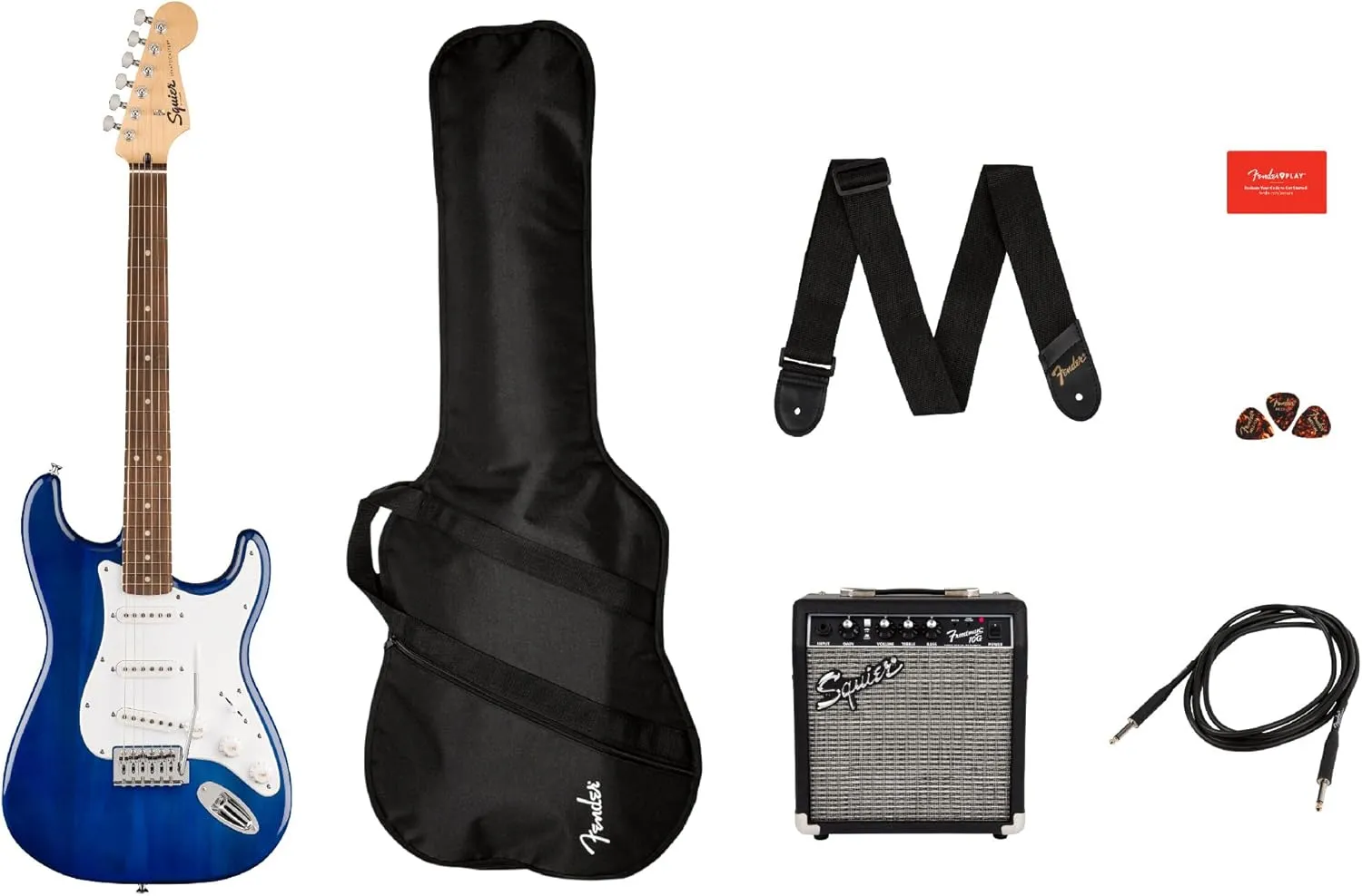 Fender Squier Sonic Stratocaster - Sapphire Blue Transparent Bundle with Frontman 10g Amp, Gig Bag, Cable, Strap, Tuner, Fender Play, Picks, Austin Bazaar Guitar DVD