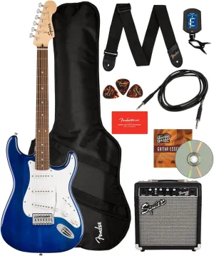 Fender Squier Sonic Stratocaster - Sapphire Blue Transparent Bundle with Frontman 10g Amp, Gig Bag, Cable, Strap, Tuner, Fender Play, Picks, Austin Bazaar Guitar DVD