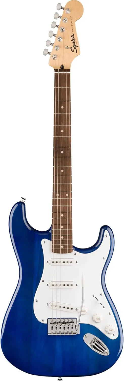 Fender Squier Sonic Stratocaster - Sapphire Blue Transparent Bundle with Frontman 10g Amp, Gig Bag, Cable, Strap, Tuner, Fender Play, Picks, Austin Bazaar Guitar DVD