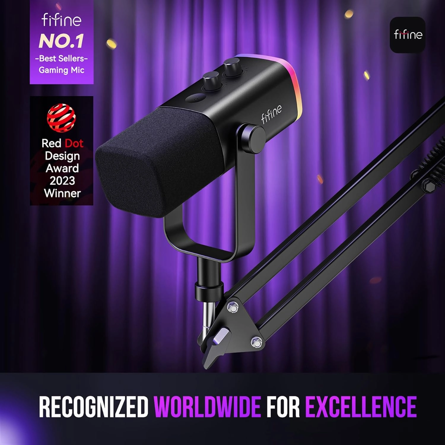 FIFINE XLR/USB Gaming Microphone Set, Dynamic PC Mic for Streaming Podcasting, Computer RGB Mic Kit with Boom Arm Stand, Mute Button, Headphones Jack, for Recording Vocal Voice-Over-AmpliGame AM8T