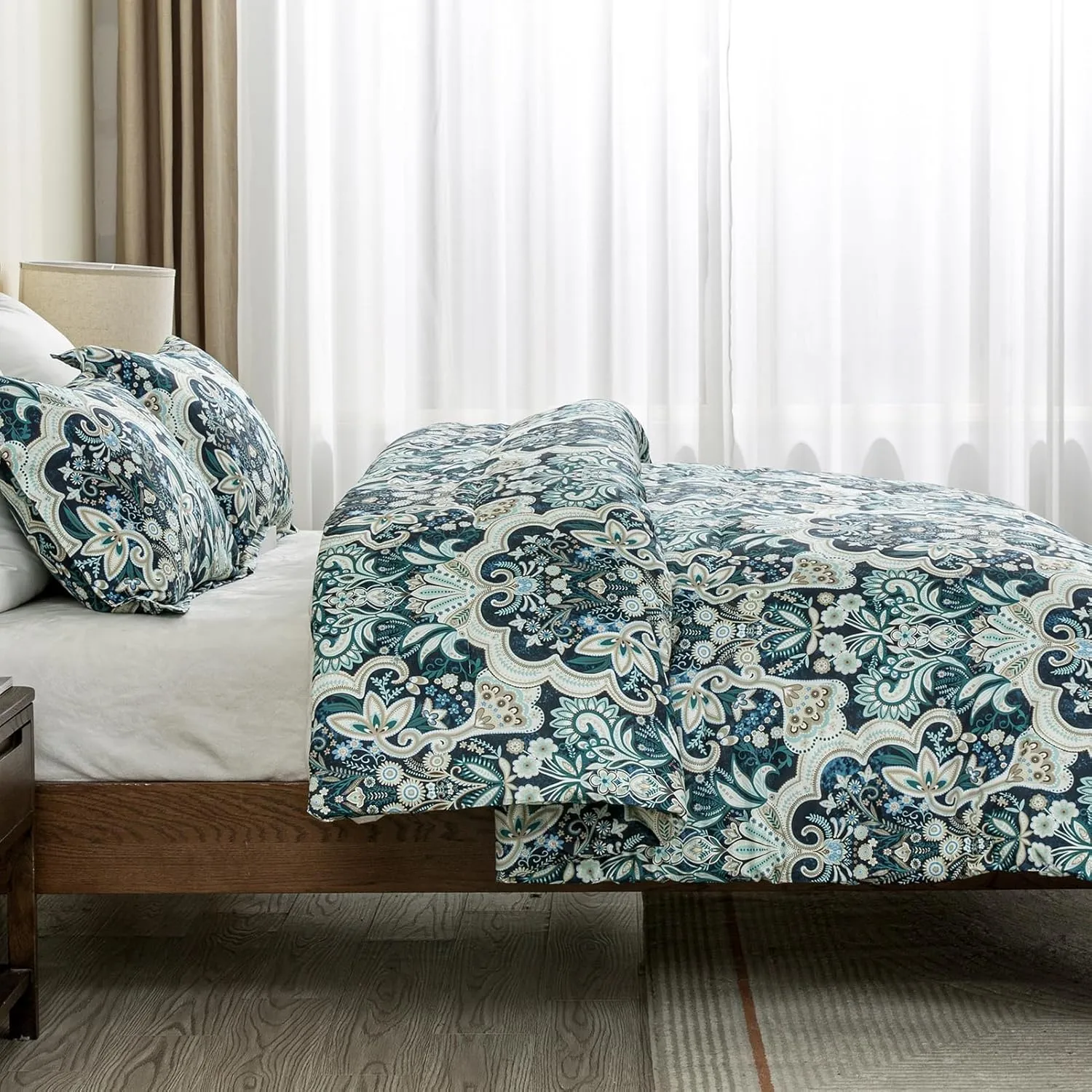 Finlonte Damask Queen Comforter Set, 100% Cotton Paisley Floral Bedding Set, Luxury Ethnic Queen Size Comforter, Fluffy Lightweight Soft Quilted Comforter All Season, Navy Blue/Taupe