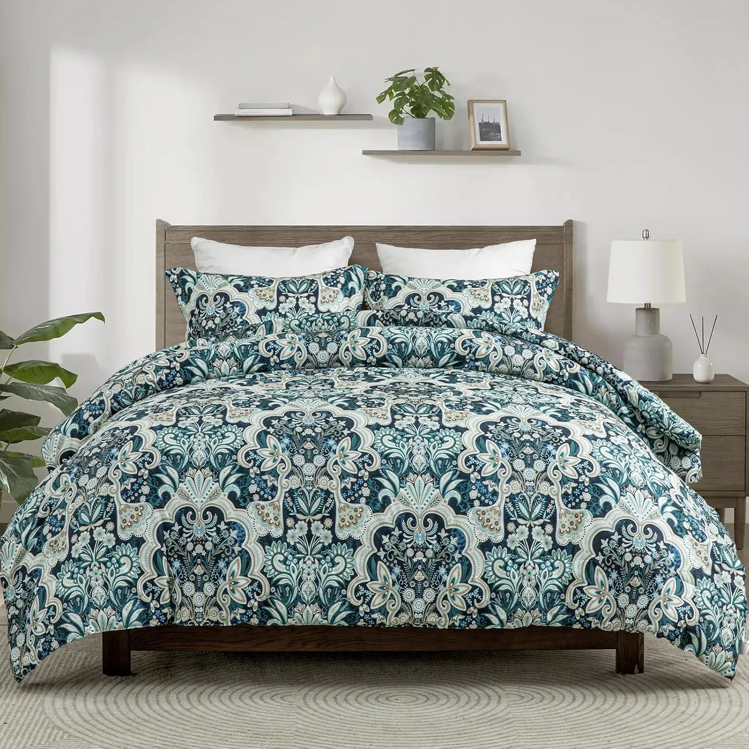 Finlonte Damask Queen Comforter Set, 100% Cotton Paisley Floral Bedding Set, Luxury Ethnic Queen Size Comforter, Fluffy Lightweight Soft Quilted Comforter All Season, Navy Blue/Taupe