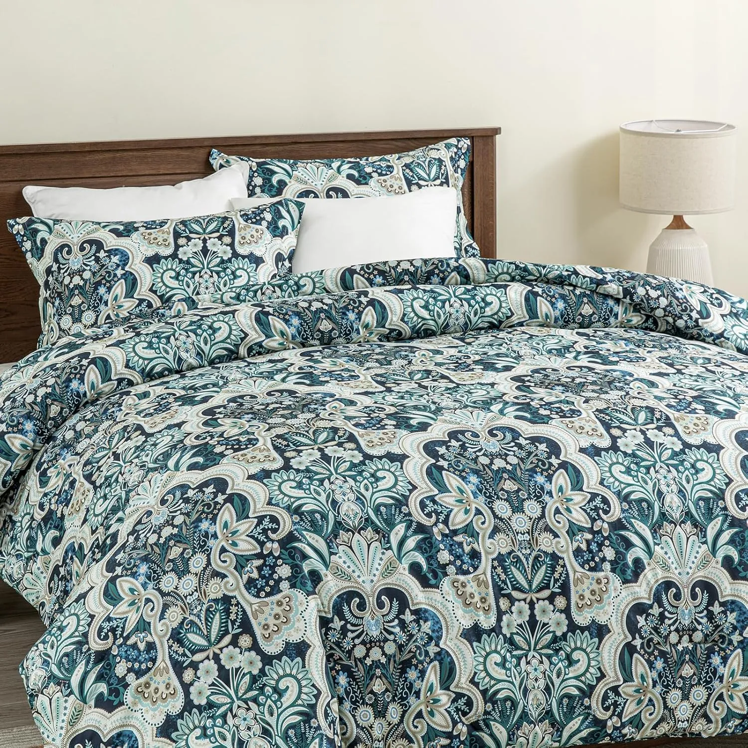 Finlonte Damask Queen Comforter Set, 100% Cotton Paisley Floral Bedding Set, Luxury Ethnic Queen Size Comforter, Fluffy Lightweight Soft Quilted Comforter All Season, Navy Blue/Taupe