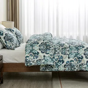 Finlonte Damask Queen Comforter Set, 100% Cotton Paisley Floral Bedding Set, Luxury Ethnic Queen Size Comforter, Fluffy Lightweight Soft Quilted Comforter All Season, Navy Blue/Taupe