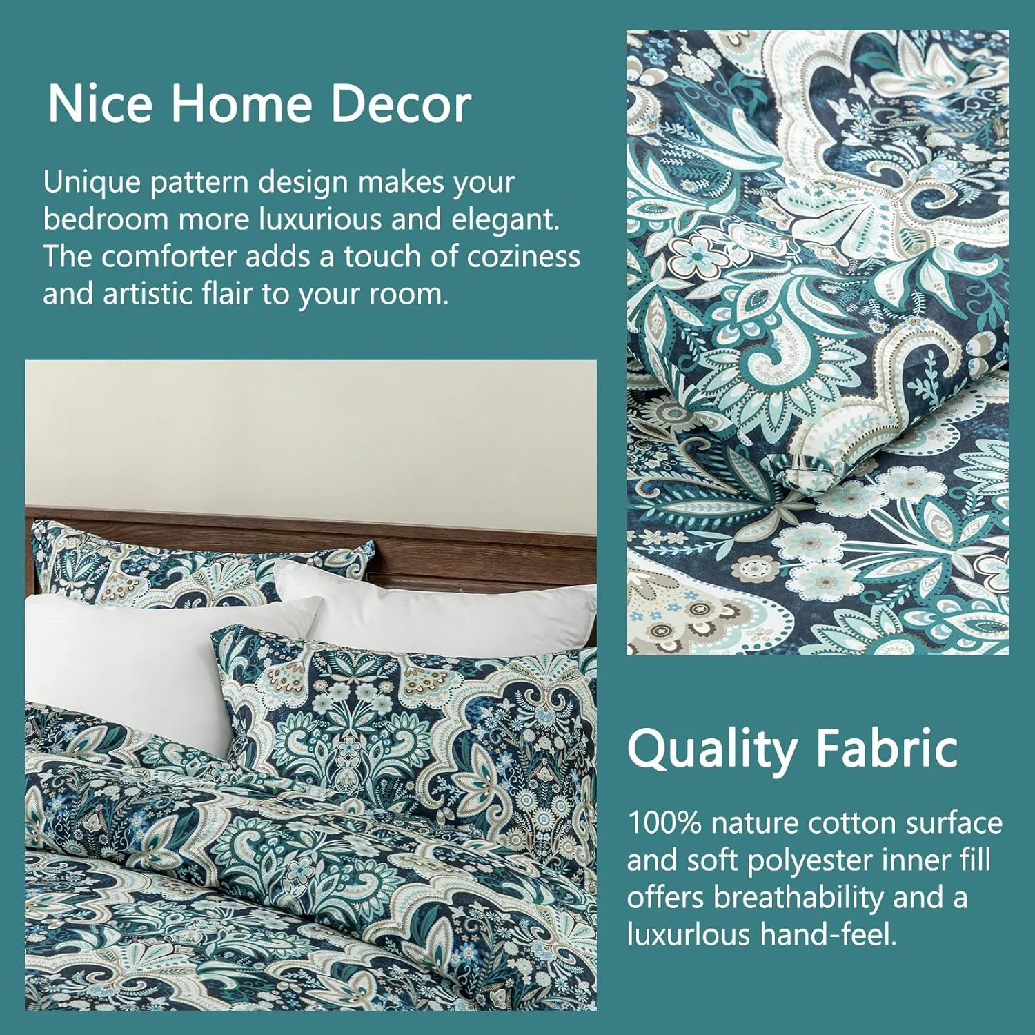 Finlonte Damask Queen Comforter Set, 100% Cotton Paisley Floral Bedding Set, Luxury Ethnic Queen Size Comforter, Fluffy Lightweight Soft Quilted Comforter All Season, Navy Blue/Taupe